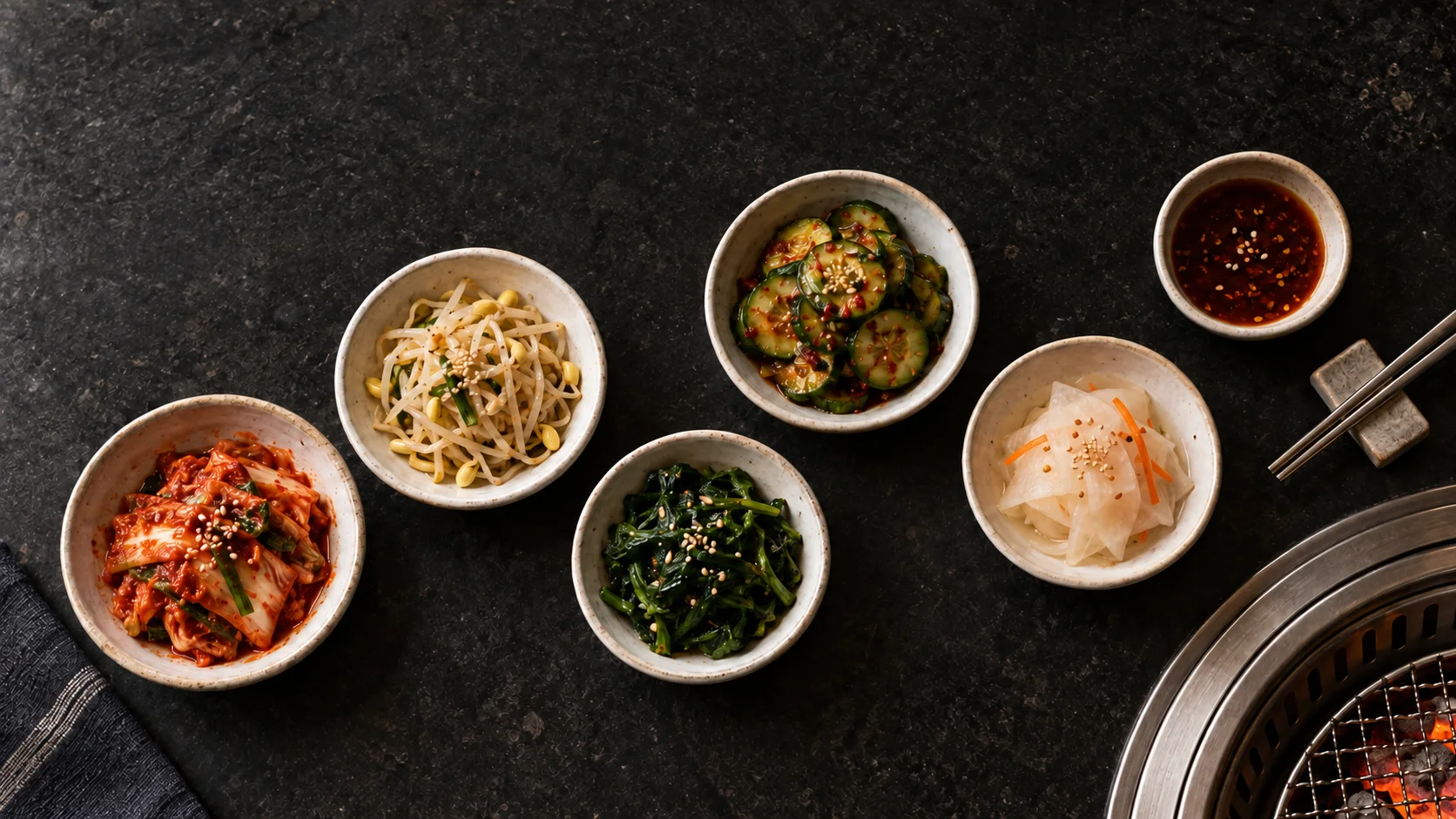 A selection of Korean side dishes on a shared table