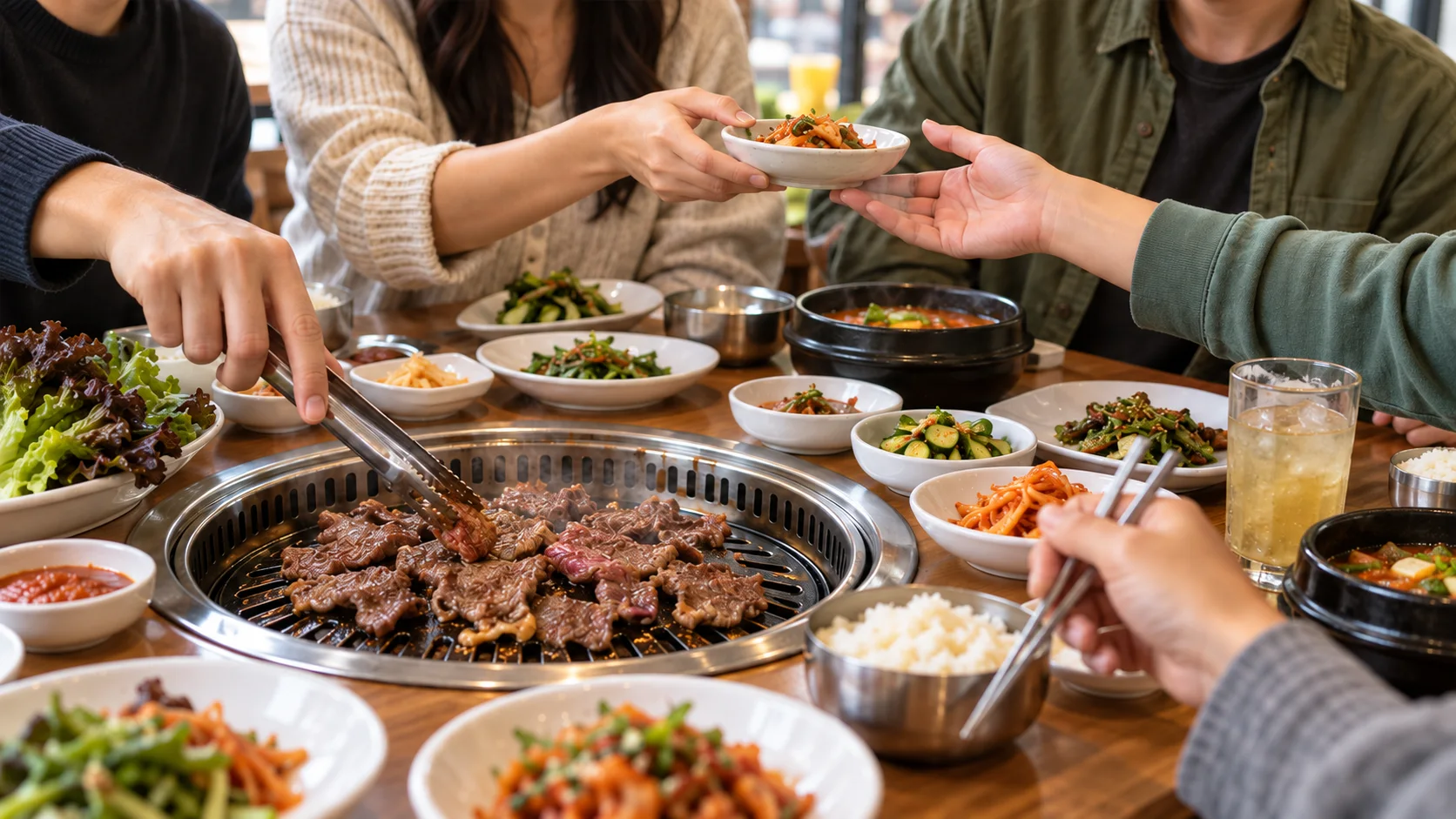 Friends sharing Korean BBQ around a table